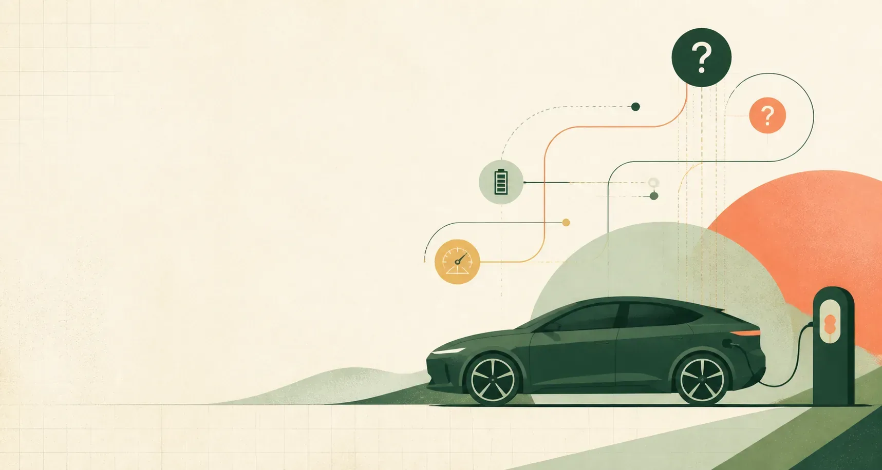Illustration of an electric car charging alongside question marks, a battery and a range gauge