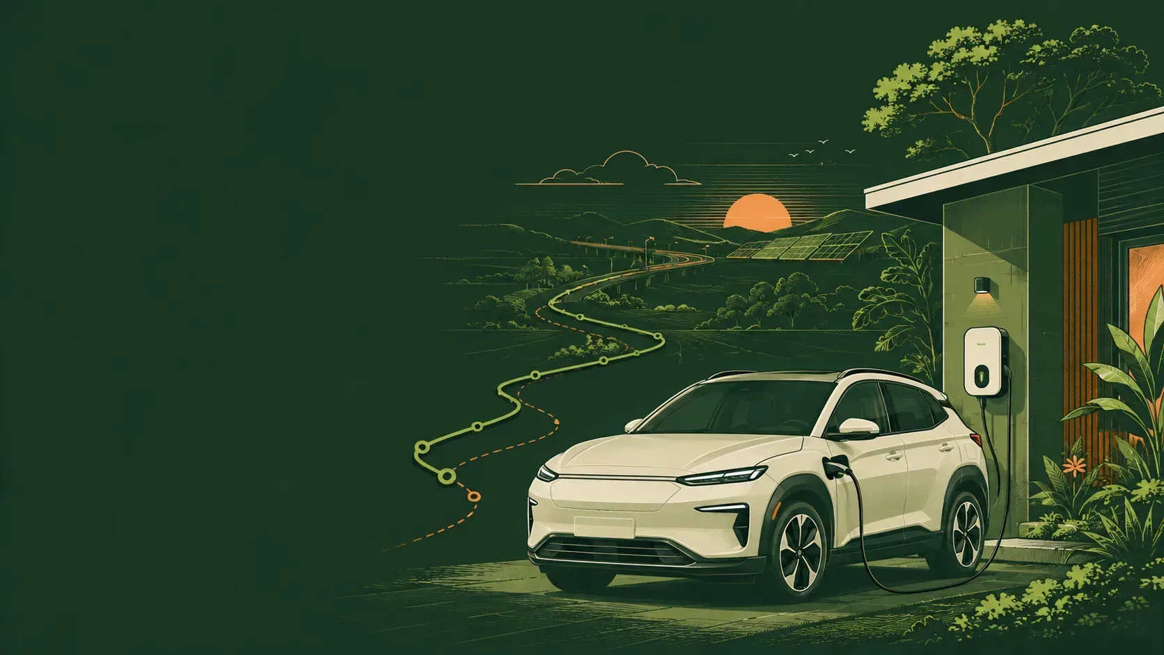 Illustration of an electric car charging at home with a route into the distance